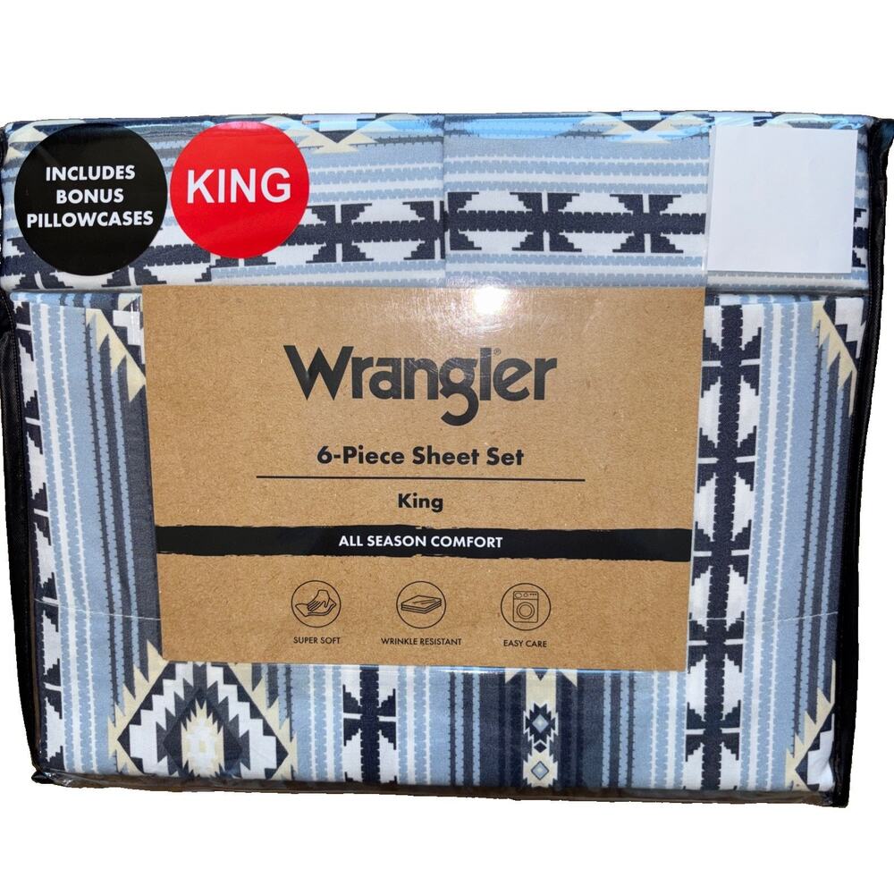 Wrangler KING Ryder Aztec Blue Southwestern Geometric Sheet Set 6 pc Cowboy NEW